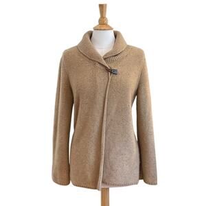 Elena Solano Camel Cashmere Cardigan Sweater Coat, Shawl Collar, Open Front, L
